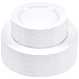 SETUP Case of 300 Combo Plastic Plates - Premium Heavy-Duty 150 Disposable 10.25 Dinner and 150 7.5 Salad White Plates for Wedding, Party, and All Occasions