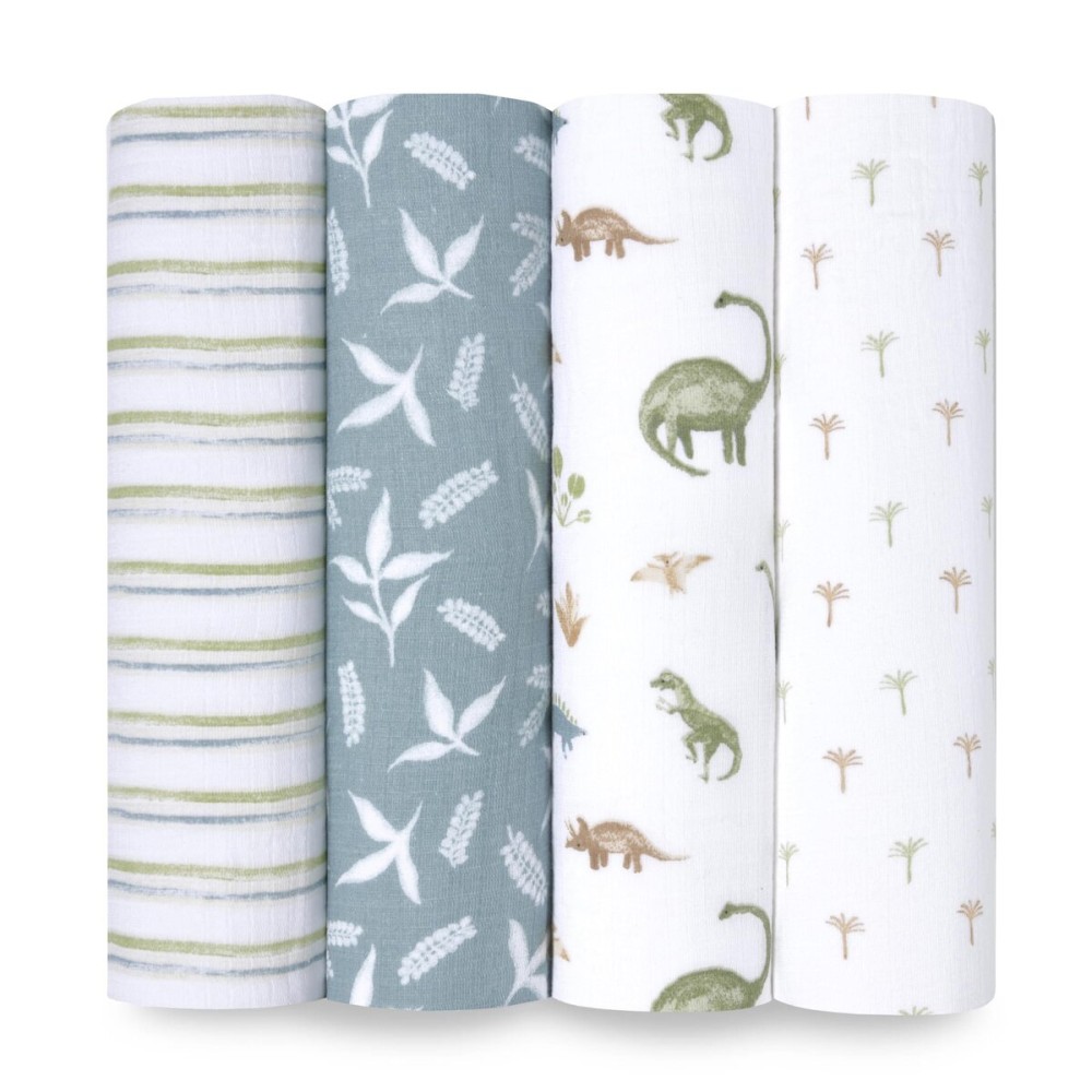 aden + anais Essentials Baby Muslin Swaddle Blankets, Newborn Receiving Blanket for Swaddling, 100% Cotton Baby Swaddle Wrap, 4 Pack, Dino Jungle