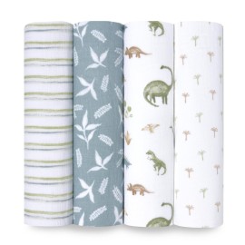 aden + anais Essentials Baby Muslin Swaddle Blankets, Newborn Receiving Blanket for Swaddling, 100% Cotton Baby Swaddle Wrap, 4 Pack, Dino Jungle