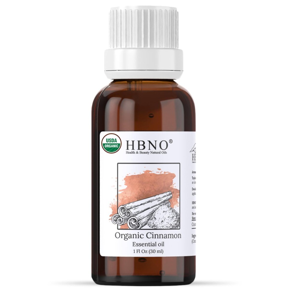 HBNO Organic Cinnamon Leaf Essential Oil - 1 oz (30ml) Travel Size - USDA Certified Organic Cinnamon Essential Oil, Perfect for Aromatherapy, Soap Making, DIY, Fragrances, Diffuser.