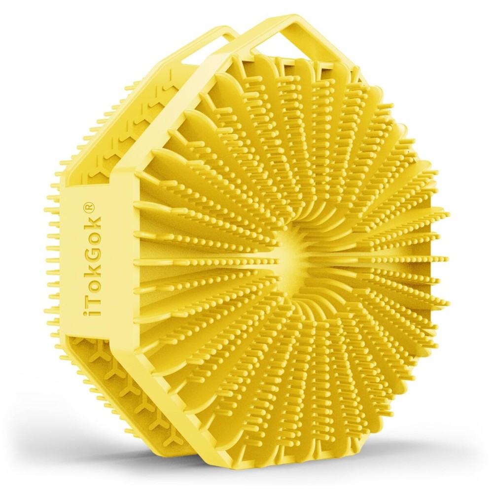 iTokGoK Premium Silver-Infused Double-Sided Design 2-in-1 Silicone Body Scrubber for Men,Body Buffer Scrubber for Sensitive Skin, Ergonomic No-Slip Handle, Long-Lasting & Easy to Clean - Yellow