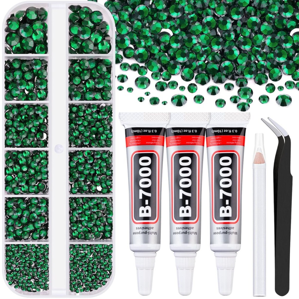 Resin Rhinestones for Crafting with B7000 Jewelry Glue, 1 Box Dark Green Flatback Crystals with 3Pcs 10ml Glue for Bedazzling Crafts DIY Nail Art MakeupNon Hotfix Gems for Clothing Shoes