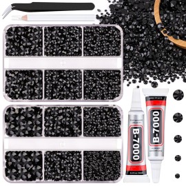 Resin Jelly Rhinestones for Crafting with B7000 Jewelry Glue, 2 Boxes Black Flatback Crystals with 2Pcs 10ml Glue, Bedazzling Non Hotfix Gems for DIY Tumblers Clothing Shoes Manicure