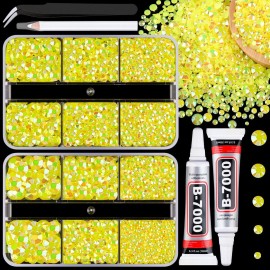 Resin Jelly Rhinestones for Crafting with B7000 Jewelry Glue, 2 Boxes Lemon Yellow AB Flatback Crystals with 2Pcs 10ml Glue, Bedazzling Non Hotfix Gems for DIY Tumblers Clothing Shoes Manicure