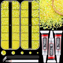 Resin Jelly Rhinestones for Crafting with B7000 Jewelry Glue, 2 Boxes Lemon Yellow AB Flatback Crystals with 3Pcs 10ml Glue, Bedazzling Non Hotfix Gems for DIY Tumblers Clothing Shoes Manicure