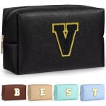 TOPEAST Initial Makeup Bags for Women, Personalized Portable Cosmetic Bag for Travel, Cute Makeup Pouch, PU Leather Waterproof Toiletry Bag, Preppy Things for Girl (Black V)