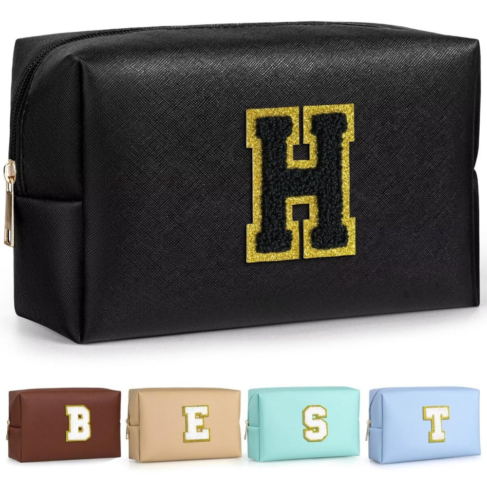 TOPEAST Preppy Bag, Monogrammed Makeup Bags with Zipper, Cute Makeup Pouch, Initial Birthday Gifts Bag for Daughter Friends Sister, Preppy Things for Girls (Black H)