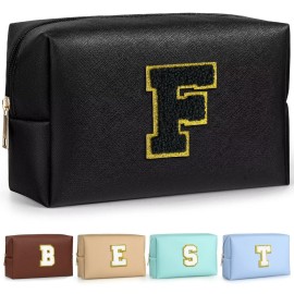 TOPEAST Preppy Makeup Bag, Small Cosmetic Travel Bags for Women, PU Leather Waterproof Toiletry Bag with Zipper, Personalized Birthday Gift for Women Girl, Preppy Gifts for Girl (Black F)