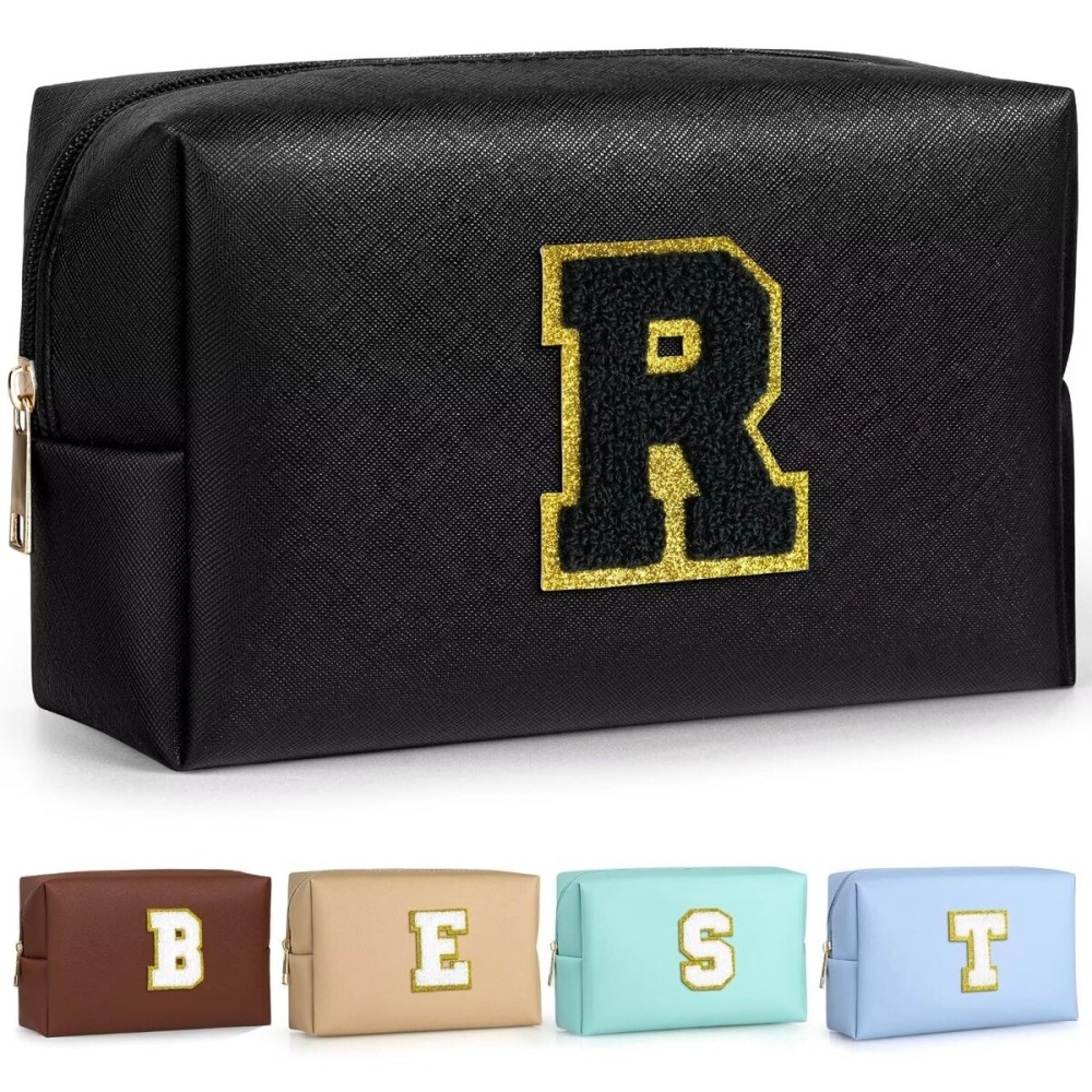 TOPEAST Cosmetic Travel Bags for Women, Preppy Small Makeup Bag, PU Leather Waterproof Toiletry Bag, Unique Friendship Gifts for Friends Coworker, Cute Stuff for Girls (Black R)