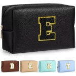 TOPEAST Monogrammed Gift for Women Girls, Personalized Initial Makeup Bags Cosmetic Bag with Zipper, Cute Makeup Pouch, PU Leather Waterproof Toiletry Bag, Preppy Gifts Stuff for Girl (Black E)