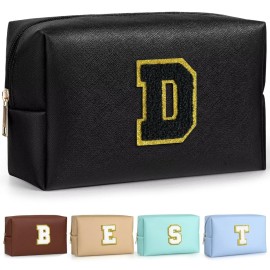 TOPEAST Preppy Small Makeup Bag, Chenille Letter Pouch Cosmetic Bag With Zipper, PU Leather Waterproof Toiletry Bag, Personalized Birthday Gift for Women, Cute Stuff for Girls (Black D)