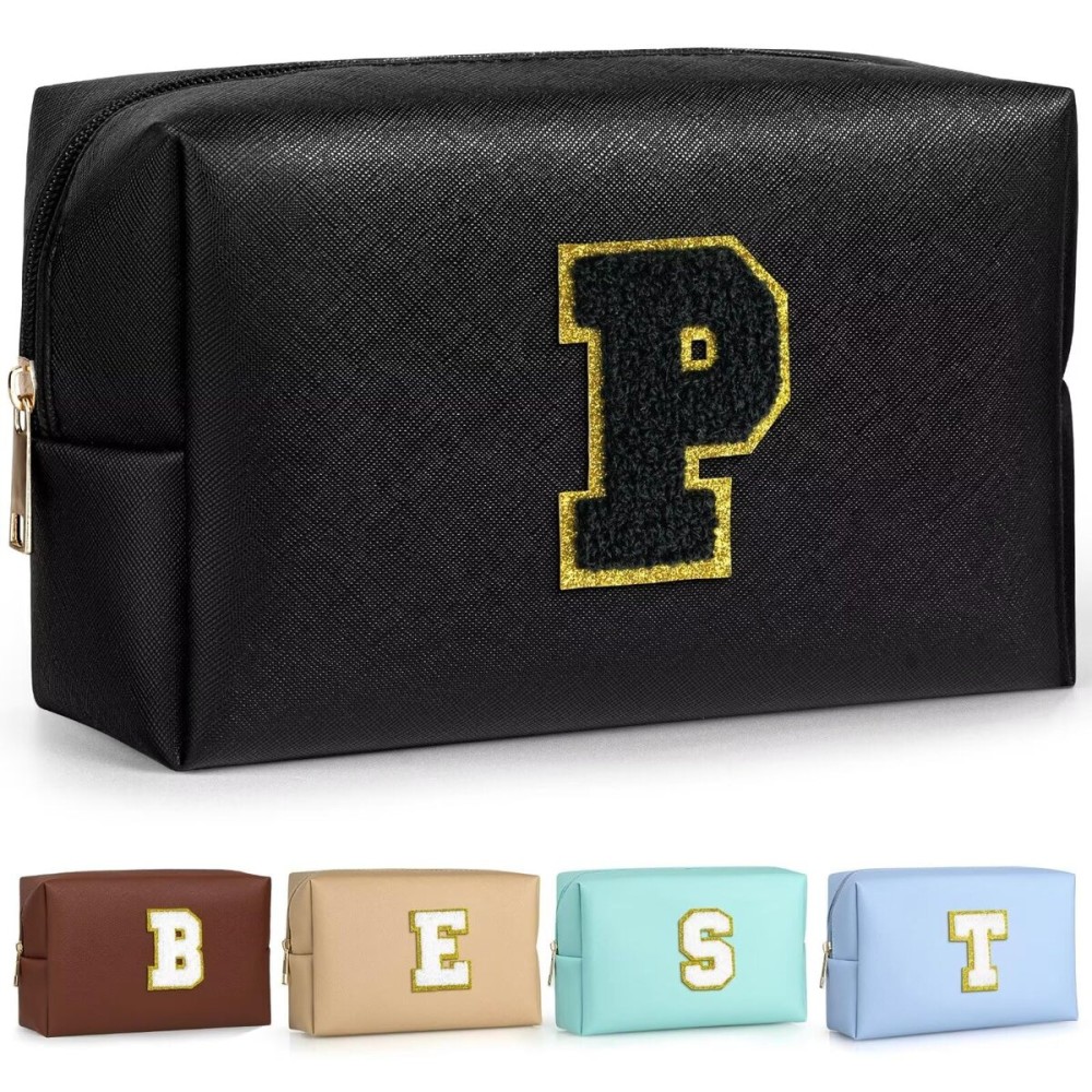 TOPEAST Personalized Makeup Bag, Chenille Letter Pouch Cosmetic Bag w Zipper, PU Leather Waterproof Toiletry Bag, Bridal Shower Gifts for Bridesmaids, Cute Stuff for Girls (Black P)