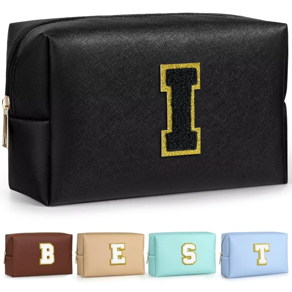 TOPEAST Preppy Makeup Bag, Cute Makeup Pouch PU Leather Waterproof Cosmetic Bag, Personalized Birthday Gifts for Mom Teacher Friends Bridesmaids Nurse, Trendy Stuff for Girls (Black I)