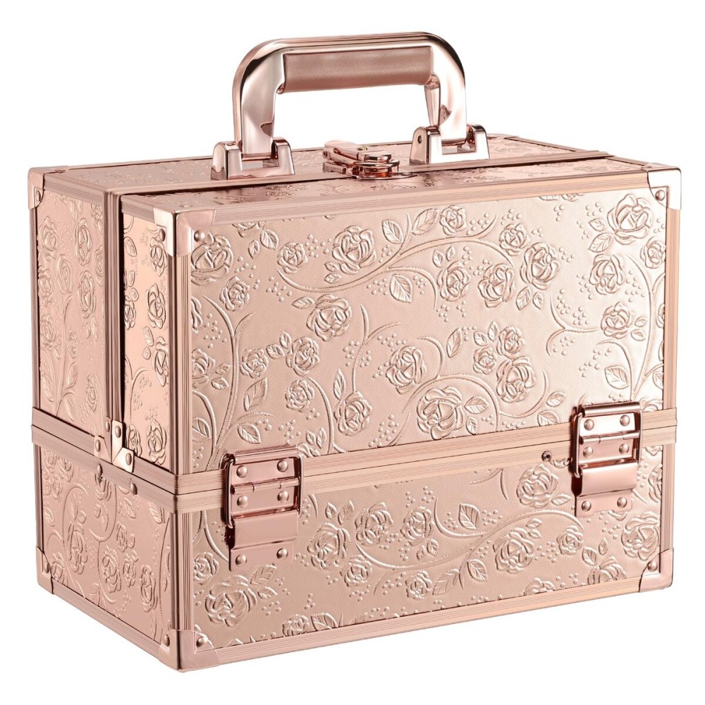 FRENESSA Makeup Case 11.8 Inch Makeup Organizer Case Large Cosmetic Box with Mirror Portable 3 Trays Travel Storage Box for Make Up Nail Tech Kits Cosmetology Case 3D Rose Gold Floral
