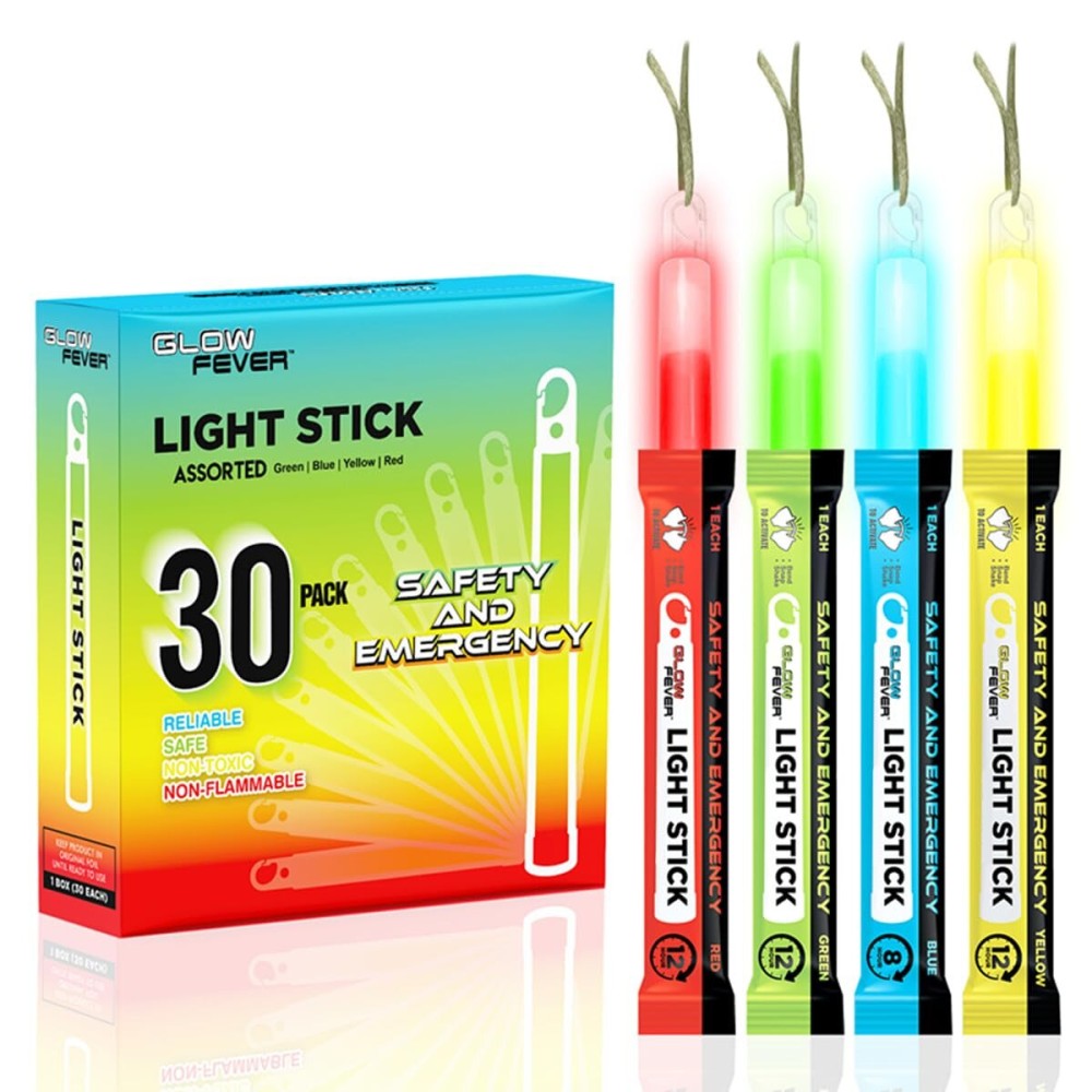Glow Fever Emergency Safety Military Grade 6\'\' Lightsticks, Light Up Ultra Bright Glow Sticks with 12 Hours Duration. for Hiking Party Camping Blackouts Hurricane Shelter Survival Kit (Mixed, 30PCS)