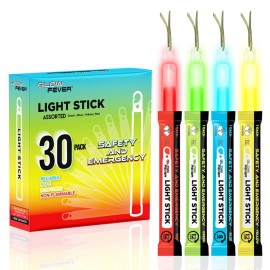 Glow Fever Emergency Safety Military Grade 6\'\' Lightsticks, Light Up Ultra Bright Glow Sticks with 12 Hours Duration. for Hiking Party Camping Blackouts Hurricane Shelter Survival Kit (Mixed, 30PCS)