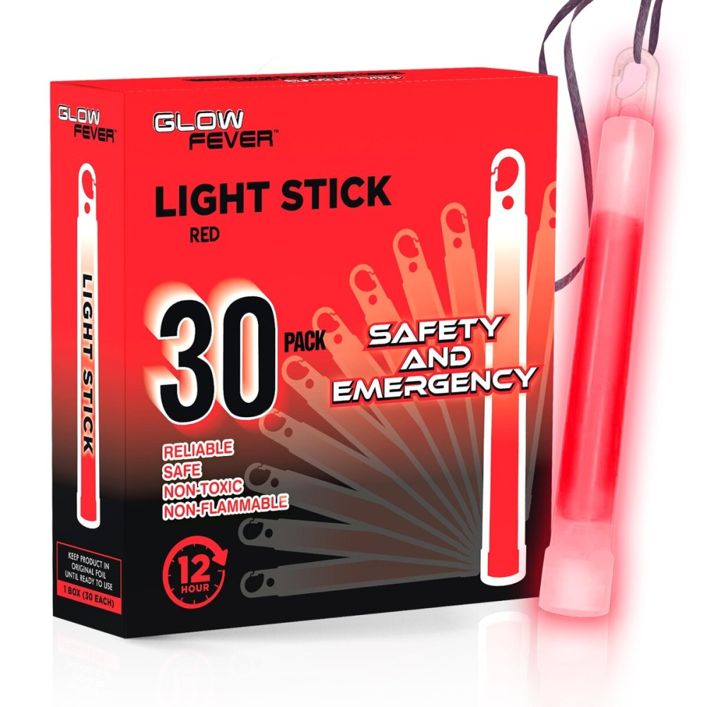 Glow Fever Emergency Safety Military Grade 6\'\' Lightsticks, Light Up Ultra Bright Glow Sticks with 12 Hours Duration. for Hiking Party Camping Blackouts Hurricane Shelter Survival Kit (Red, 30PCS)