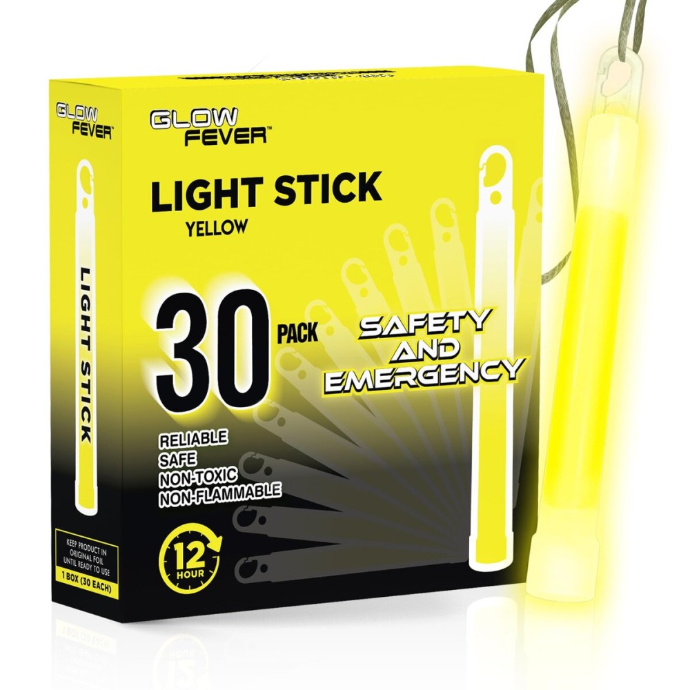 Glow Fever Emergency Safety Military Grade Glow Sticks, 30pcs 6\'\' Lightsticks, Light Up Ultra Bright with 12 Hours Duration. for Hiking Party Camping Blackouts Hurricane Shelter Survival Kit (Yellow)