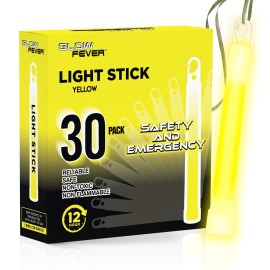 Glow Fever Emergency Safety Military Grade Glow Sticks, 30pcs 6\'\' Lightsticks, Light Up Ultra Bright with 12 Hours Duration. for Hiking Party Camping Blackouts Hurricane Shelter Survival Kit (Yellow)