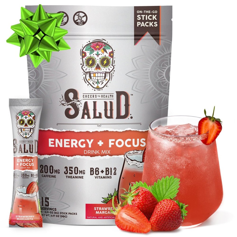 Salud 2-in-1 Energy Drink Powder + Focus, Strawberry Margarita, Organic Caffeine, B6 + B12, Theanine, Clean Energy Drink Packets, Agua Fresca Mix, Non-GMO, Gluten Free, Vegan, 1g of Sugar, (15 Servings)