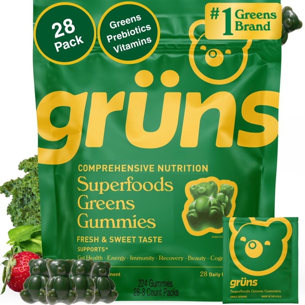 Gruns Adults Super Greens Multivitamin Gummies, Superfood Vitamin Gummy Bears with Spirulina, Chlorella, Prebiotic Fiber for Digestive Health, Adaptogens Supplement, 20 Vitamins & Minerals, 28 Count