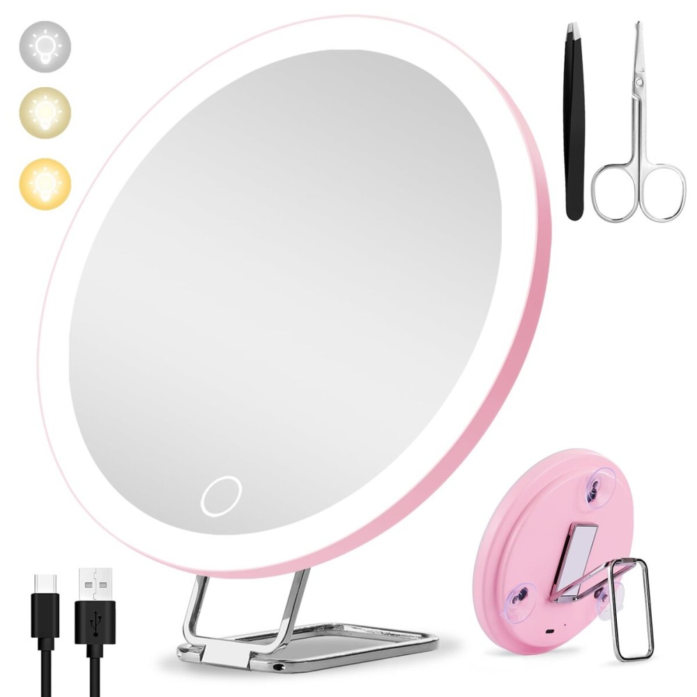 10x Magnifying Mirror with Light Large 6\'\' Lighted 10x Magnified Mirror with Suction Cups & Table Stand, 3 Color Modes Dimming High Magnification Travel Makeup Mirror with Tweezers & Scissors