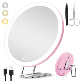 20X Magnifying Mirror with Light, Large 6inch Lighted Magnified Mirror 20x with 3 Suction Cups and 360 Table Stand, Rechargeable 3 Colors Dimming Vanity Makeup Mirror with Tweezers & Scissors