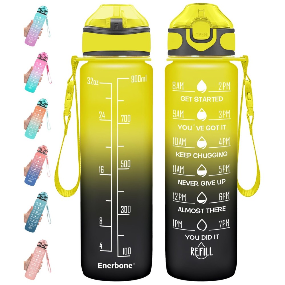 Enerbone 32 oz Drinking Water Bottle with Times to Drink and Straw, Motivational with Carrying Strap, Leakproof BPA & Toxic Free, Ensure You Drink Enough Water for Fitness Gym Outdoor