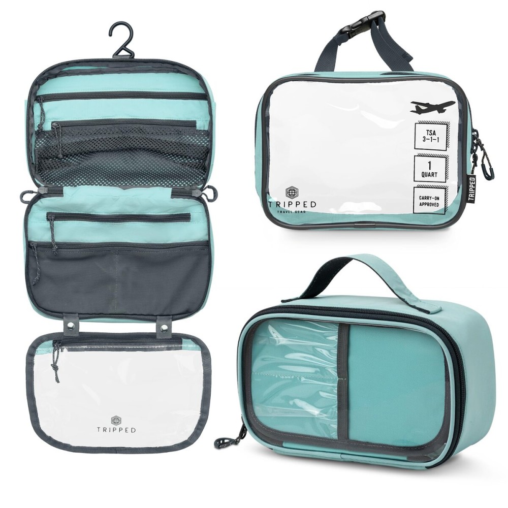 Toiletry Bag Kit Set: Hanging Travel Toiletry Bag + Makeup Bag with Brush Holder + Ultralight Accessory Organizer Pouch (Dusty Teal Makeup)