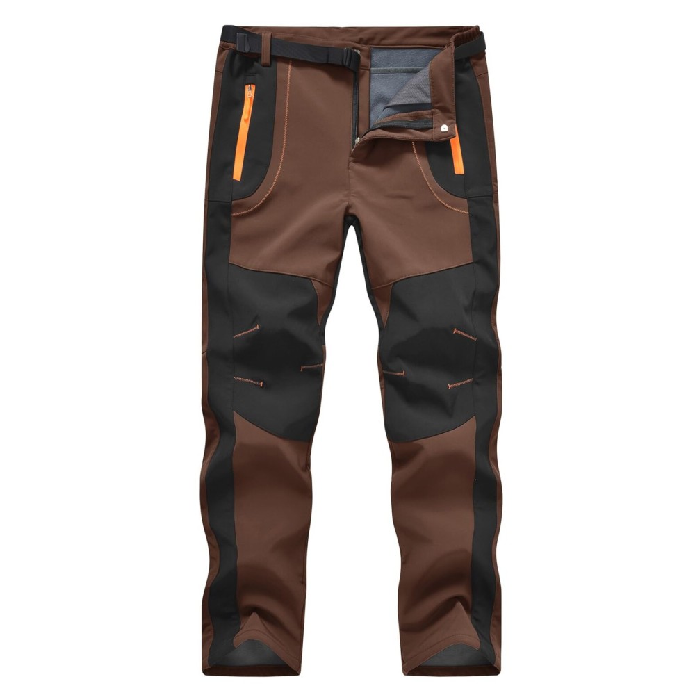 TBMPOY Men\'s Snow Ski Hiking Pants Waterproof Fleece Lined Pants Outdoor Mountain Softshell with Belt 02 Thick Brown L