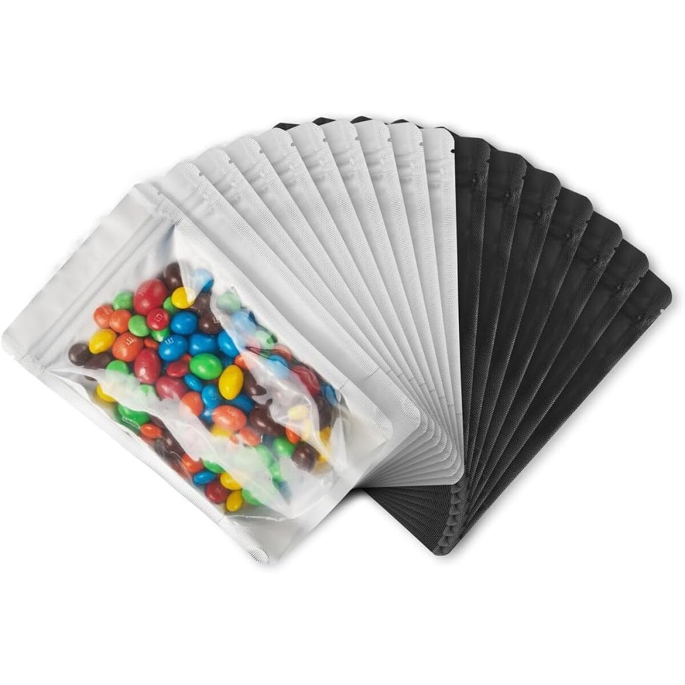 Black 5 x 8 Stand Up Pouch Bags, 100 Pack - Clear Front & Aluminum Foil Back, Resealable and Heat Sealable Storage Bags for Food, Snacks, Coffee, Candy, and More