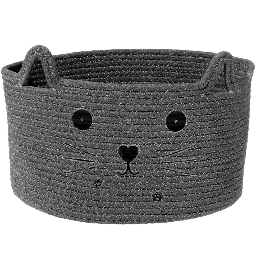 Zopeal Cat Basket Storage Woven Organizer with Ears Christmas Decorative Pet Toy Cute Cotton Rope Basket for Gift Cat Dog Toy Bin Nursery Room(13.7 x 7.8 Inch,Dark Grey)