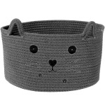 Zopeal Cat Basket Storage Woven Organizer with Ears Christmas Decorative Pet Toy Cute Cotton Rope Basket for Gift Cat Dog Toy Bin Nursery Room(13.7 x 7.8 Inch,Dark Grey)