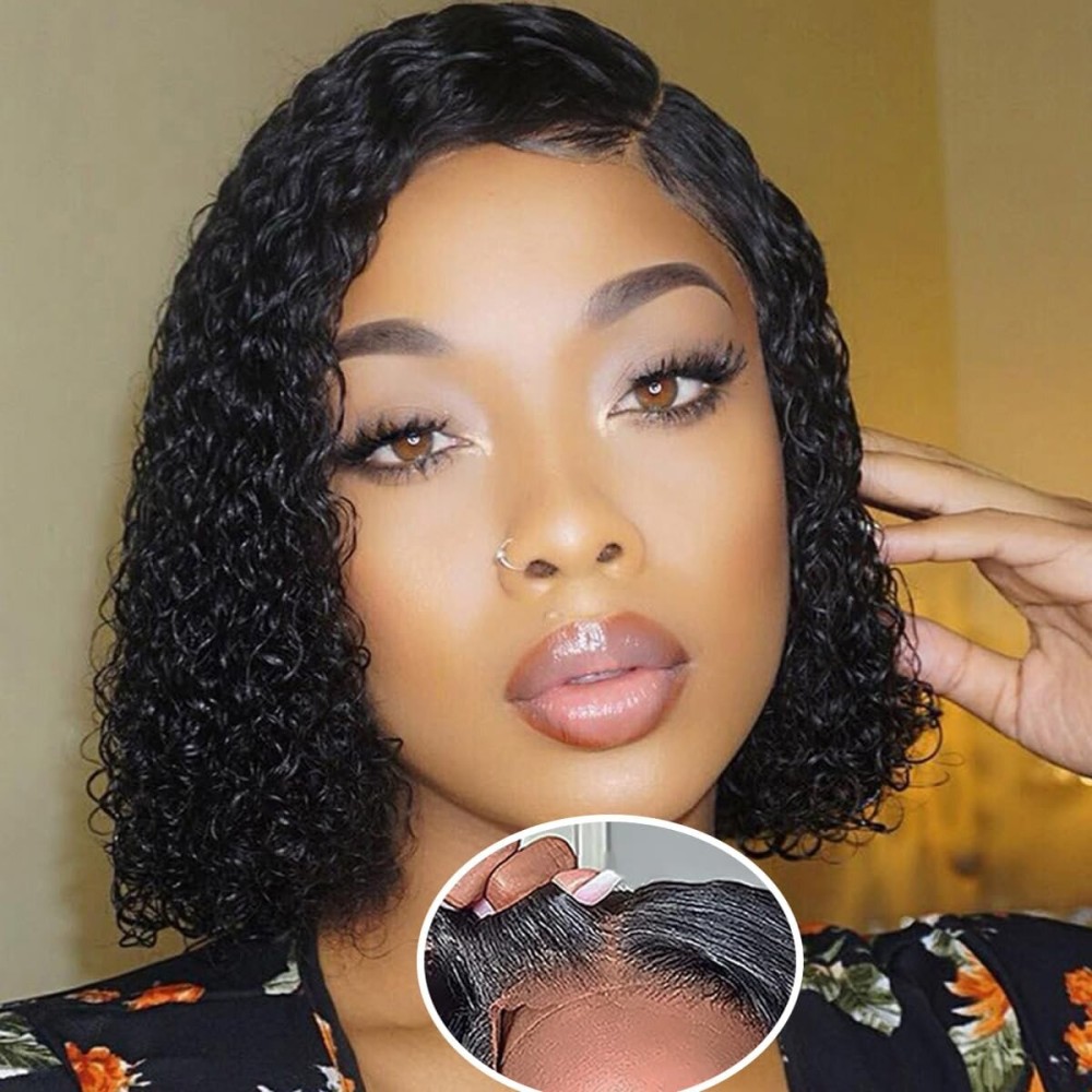 Wear and Go Glueless Wig Bob Wig Human Hair Glueless Wigs Human Hair Pre Plucked Pre-Cut for Beginners 180% Density Deep Wave Curly Lace Front Wig 8 Inches Natural Black