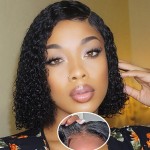 Wear and Go Glueless Wig Bob Wig Human Hair Glueless Wigs Human Hair Pre Plucked Pre-Cut for Beginners 180% Density Deep Wave Curly Lace Front Wig 8 Inches Natural Black