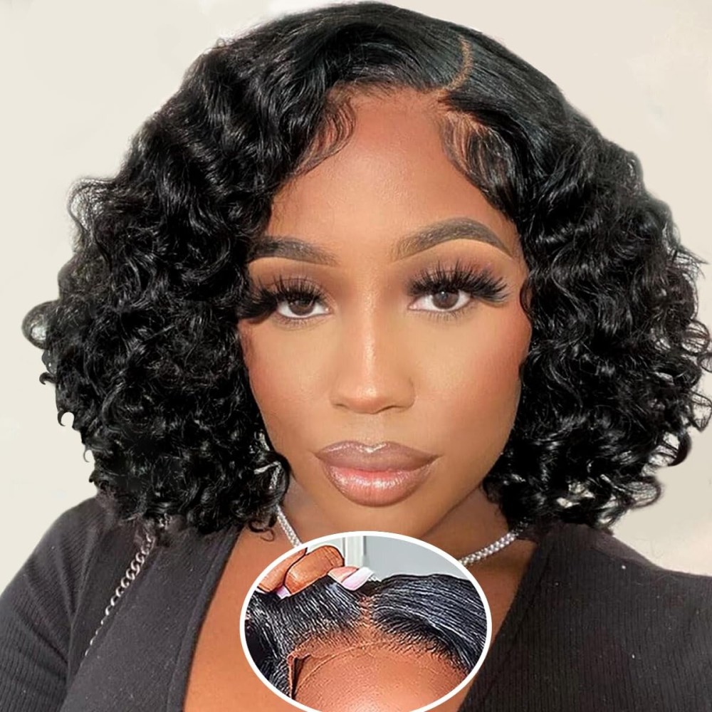 Fronbanis Wear and Go Glueless Wig Bob Wig Human Hair Glueless Wigs Human Hair Pre Plucked Pre-Cut for Beginners 180% Density Deep Wave Curly Lace Front Wig 10 Inches Natural Black