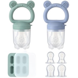 2 Pack Silicone Baby Fruit Feeder with Mini Freezer Tray, Breastmilk Popsicle Molds for Baby Teething Relief, Fresh Food Feeder for Safe Infant Self Feeding, Extra Food Pouches