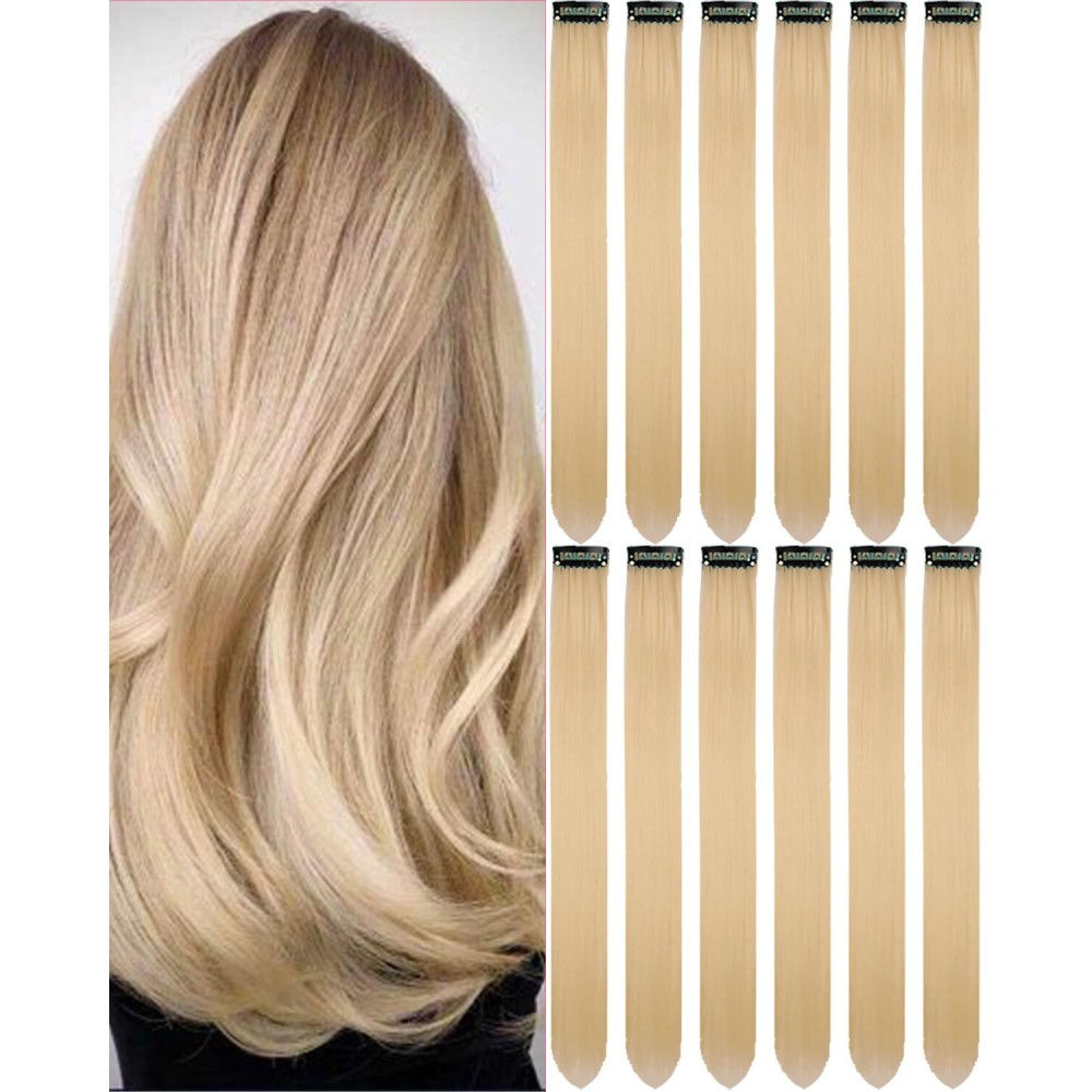 Olldag 12 PCS Blonde Hair Extensions Clip in for Kids, 22 Inch Colored Party Synthetic Neon Highlights Extensions, Rainbow Hair Accessories for Girls Women Hair Pieces