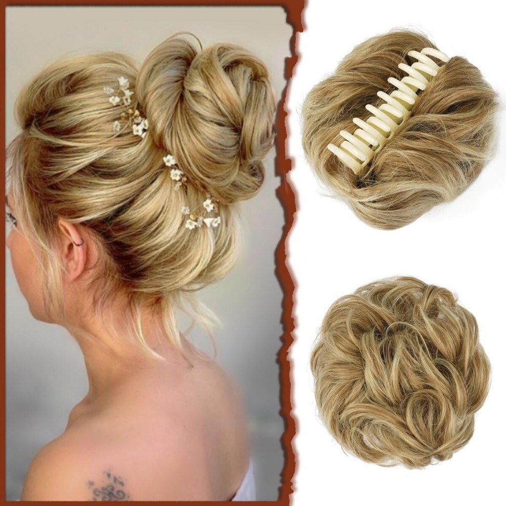 Sofeiyan Claw Clip Messy Bun Hair Piece Synthetic Tousled Updo Hair Extensions Wavy Curly Hair Bun Clip in Claw Chignon Ponytail Hairpieces Scrunchie Hairpiece for Women, Dark Blonde/Bleach Blonde mix