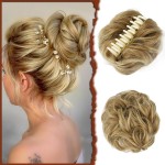 Sofeiyan Claw Clip Messy Bun Hair Piece Synthetic Tousled Updo Hair Extensions Wavy Curly Hair Bun Clip in Claw Chignon Ponytail Hairpieces Scrunchie Hairpiece for Women, Dark Blonde/Bleach Blonde mix
