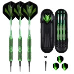 sanfeng Soft Tip Darts Set - 20g Brass Barrels, Plastic Tips, Green Aluminum Shafts, 6 Flights, 50 O-Rings & 50 Extra Tips - for Electronic Dartboard