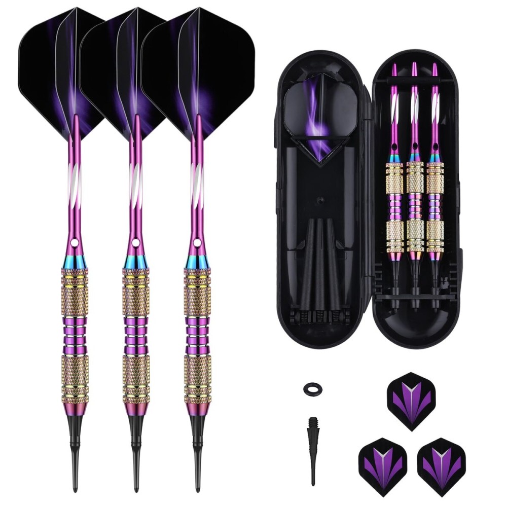 sanfeng Soft tip Darts Set 20 Gram Rainbow Brass Barrel Darts Plastic Tip with Purple Aluminum Shafts 50 Rubber o-Ring 6 Pattern Flights 50 Replacement Soft Tips for Electronic Dartboard