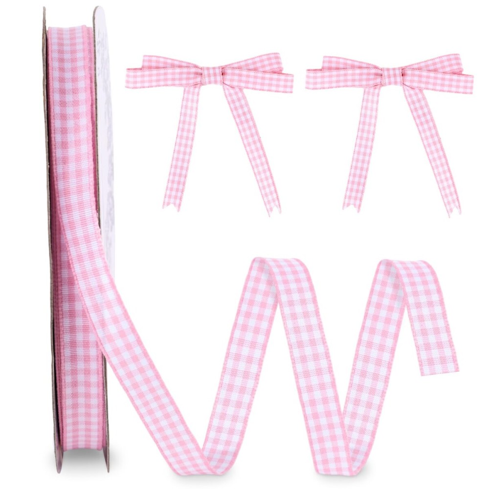 VGOODALL Pink Gingham Ribbon, 3/8 x 50Yd Pink and White Thin Crafts Ribbon Buffalo Checker Ribbons for Hair Accessories Picnic School and Birthday Gift Wrapping