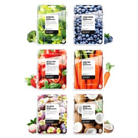 FARMSKIN Superfood Salad Sheet Mask Set of 6 | Korean Face Mask Sheets w/Mangosteen, Broccoli, Carrot, Coconut, Blueberry & Tomato | Refreshing, Nourishing & Cruelty-Free Face Mask Skincare Set