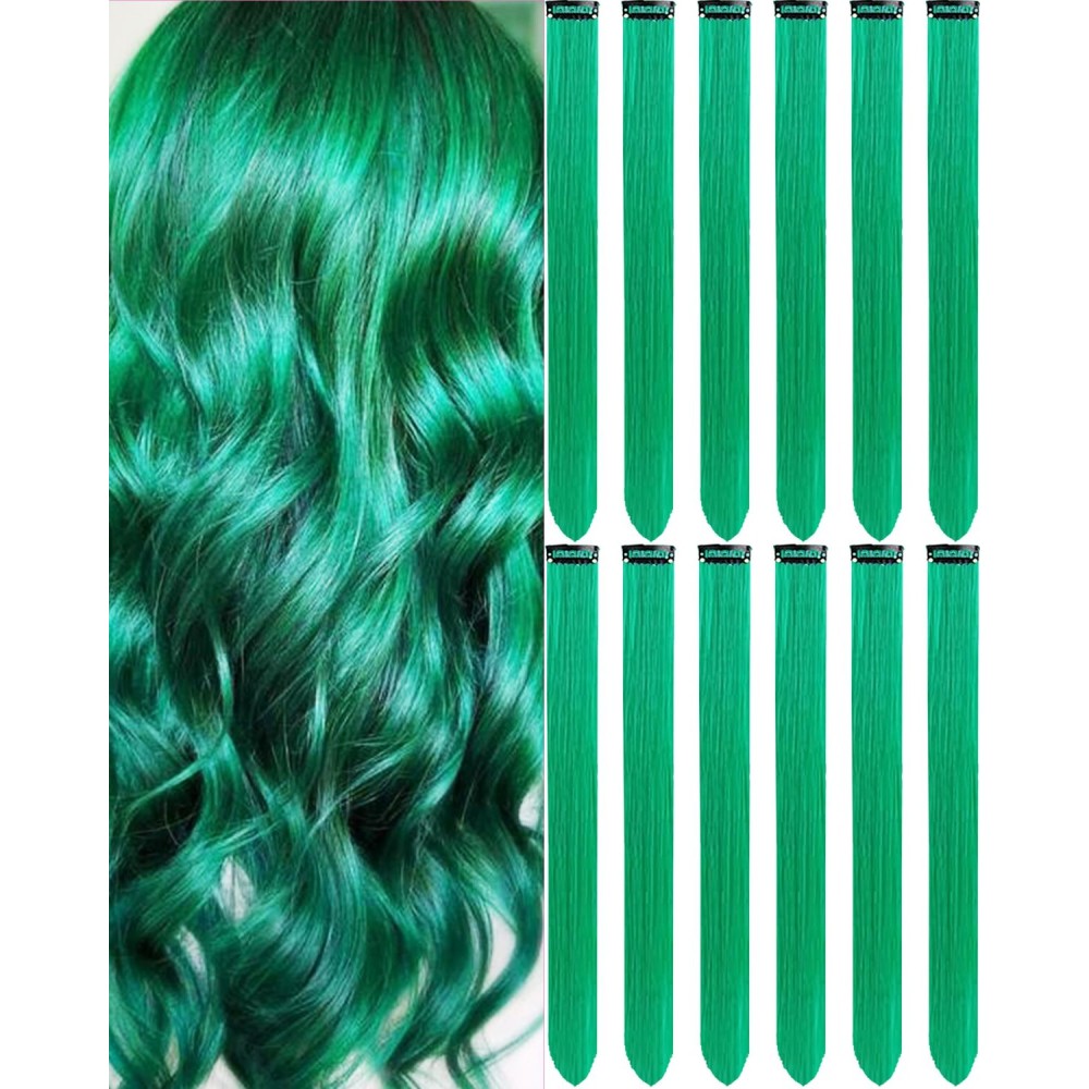 Olldag 12 PCS Dark Green Clip-In Straight Hair Extensions, 22 Inch Colored Party Synthetic Neon Highlights, Rainbow Hair Accessories for Girls Women Kids