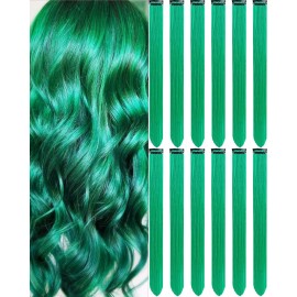 Olldag 12 PCS Dark Green Clip-In Straight Hair Extensions, 22 Inch Colored Party Synthetic Neon Highlights, Rainbow Hair Accessories for Girls Women Kids