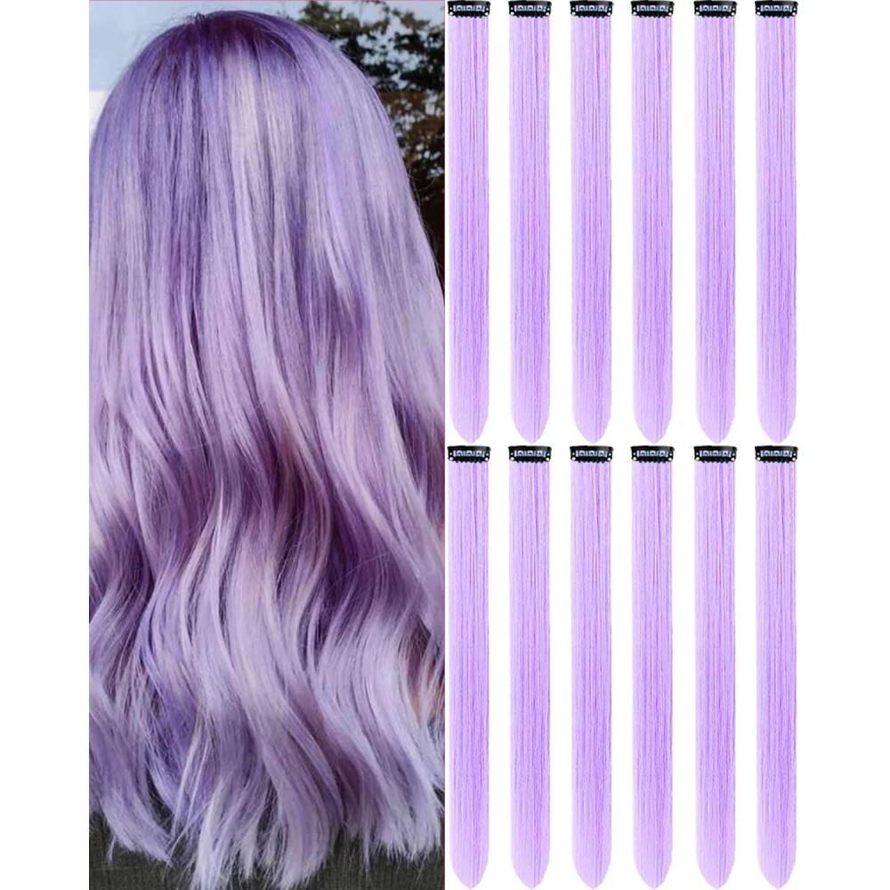 Olldag 12 PCS Light Purple Hair Extensions Clip in, 22 Inch Colored Hair Extensions Party Highlights Long Straight Synthetic Hairpieces for Women Kids Girls Halloween Christmas Cosplay