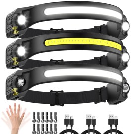 Rechargeable Headlamp with 2 Spotlights, 3Pack LED Headlamp, 230 Wide Beam Head Lamp, Motion Sensor Headlight, 5Mode Head Lights for Forehead Waterproof, Headlamps for Adults Hard Hat Running Camping