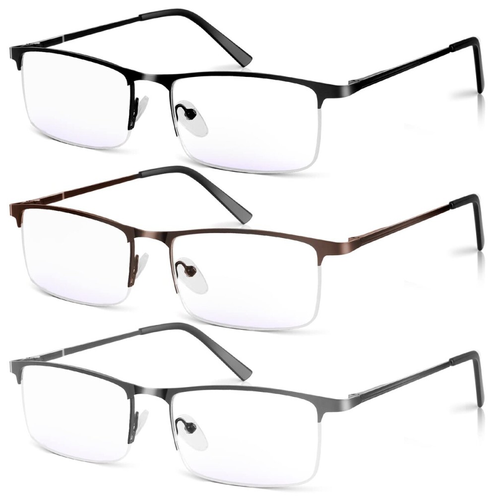 WEIMELTOY 3 Pack Blue Light Blocking Glasses for Men,Stylish Half Frame Metal Computer/Gaming/TV/Phone Readers,Lightweight Spring Hinge Eyeglasses Anti Eyestrain/Glare/UV (Mix Color, Black+Grey+Brown)