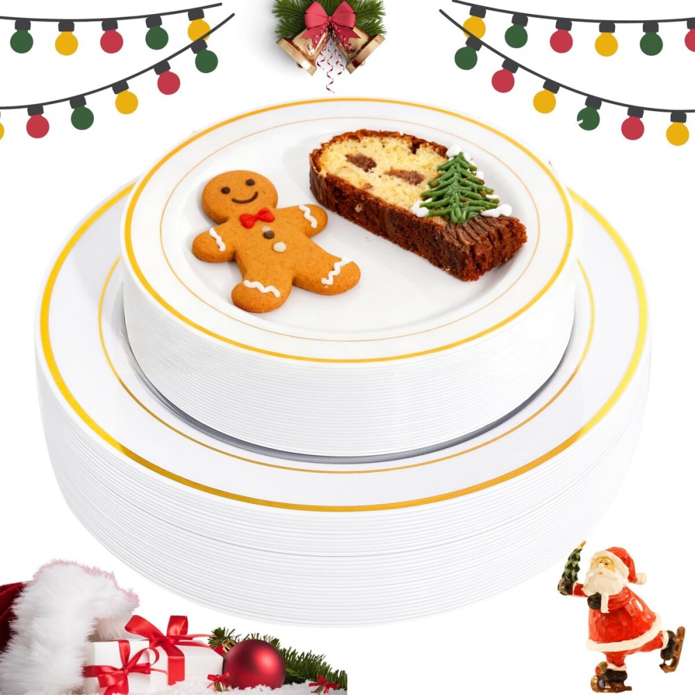 FLOWERCAT 60PCS Gold Plastic Plates - Heavy Duty White and Gold Plastic Plates Disposable for New Year/Christmas Party/Wedding - Include 30PCS 10.25 Dinner Plates and 30PCS 7.5 Dessert Plates